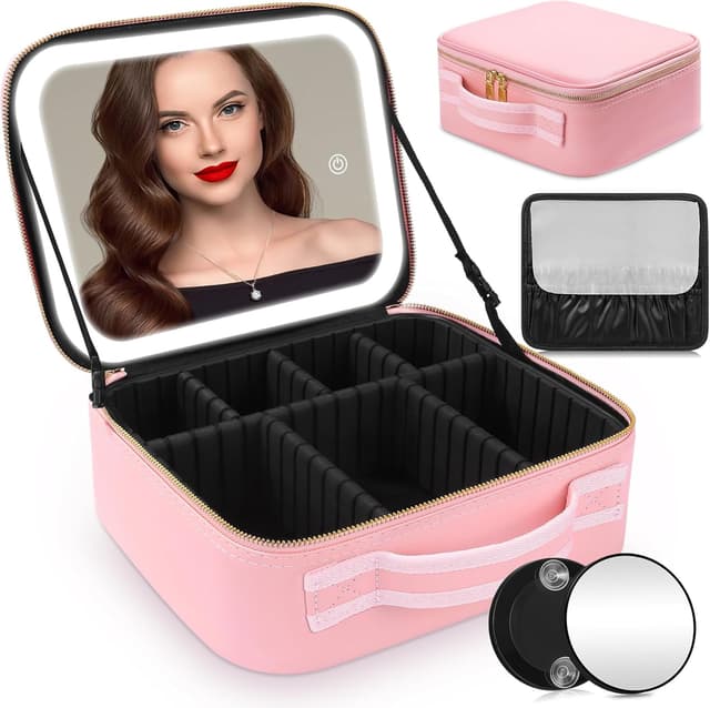 Detalle de Travel Makeup Bag with LED Mirror – cosmetic organiser case with adjustable compartments, waterproof finish and lights