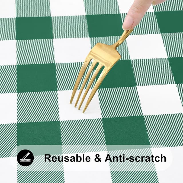 Detalle de Smiry Round Picnic Tablecloth (45–56 in) — Elastic Fitted Vinyl Waterproof Cover with Flannel Back, White & Emerald Green