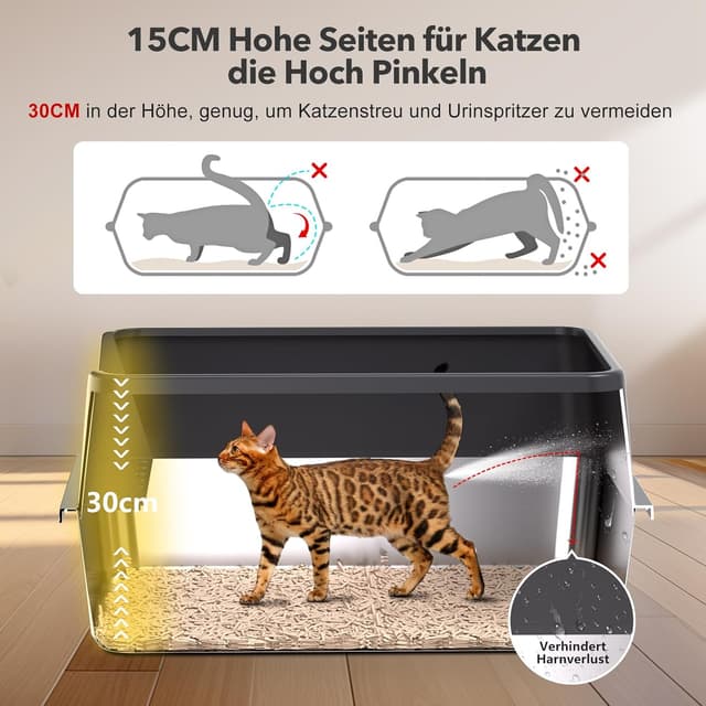Detalle 2 de 2er-Set XXL Katzenklo aus Edelstahl 60×40×30 cm (37 l) – hoher Rand, offen, inkl. Streuschaufel