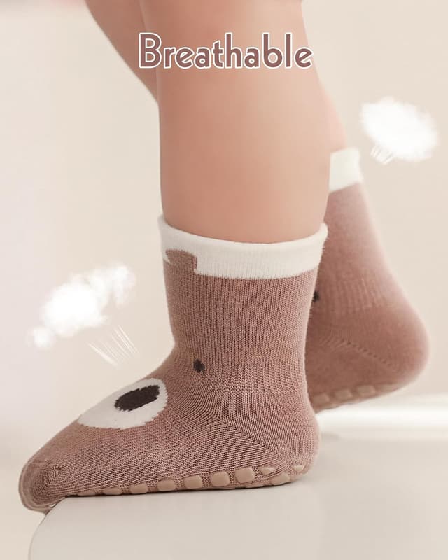 Detalle de Kyopp 5/10 Paar Baby-Socken mit ABS-Noppen und Tiermotiven (Crew Socks, Baumwolle)
