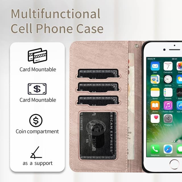 Detalle de FALUWONRU Klapphülle für iPhone SE 2022/SE 2020 sowie iPhone 7/8 (4,7") mit Magnetverschluss, Kartenfächern und Standfunktion – Rosa Lila