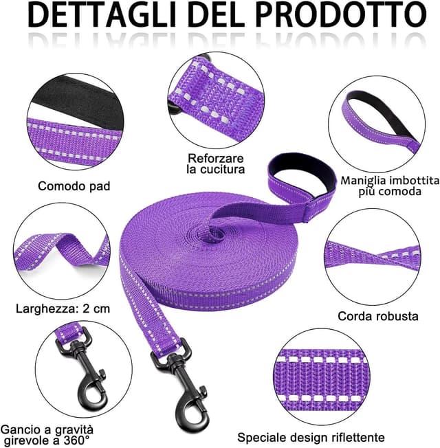 Detalle 2 de COMSLE guinzaglio lungo per addestramento (3/5/10/15/20 m) con impugnatura imbottita e gancio robusto