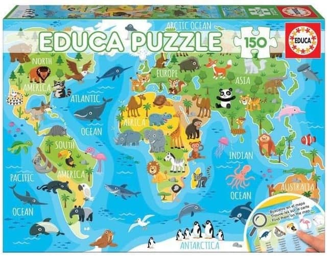 Detalle de Educa Mapamundi Animales 🐾 Puzzle de 150 Piezas para Mayores de 6 Años