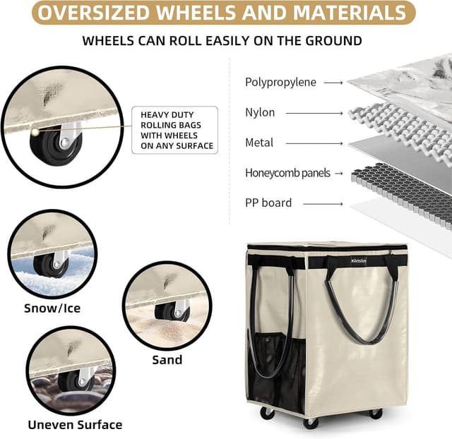 Detalle de (Medium, Beige) Reusable Grocery Bag on 4 Wheels Rolling Tote — Foldable Zip-Top Wheeled Shopping Cart Bag