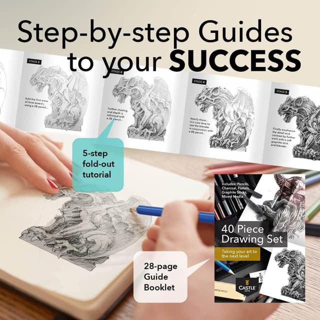 Detalle 2 de Castle Art Supplies 40-teiliges Zeichen- und Skizzier-Set mit Anleitung im Reißverschlussetui