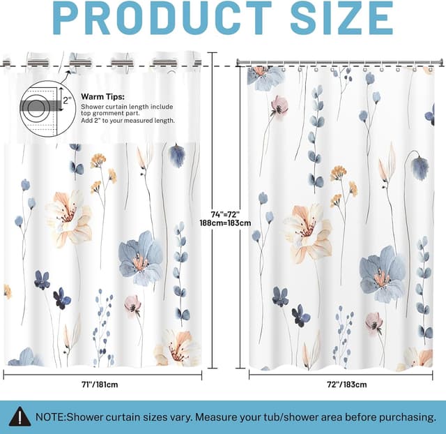 Detalle de WITHLOC No Hook Shower Curtain with Snap-in Liner (Watercolor Floral, Plants Blue/Beige) — 71 x 74 Inch