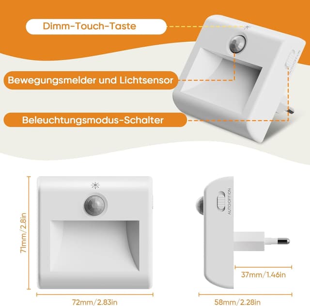 Detalle de Suright 2er-Set Nachtlicht-Steckdose mit Bewegungsmelder, warmweißes LED-Licht (3000K), 3 Modi & stufenlose Dimmung