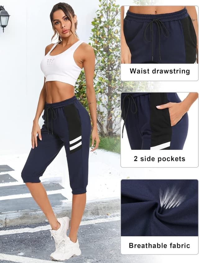 Detalle 2 de Terecey pantacourt femme 3/4 en coton respirant, taille haute élastique avec cordon et poches