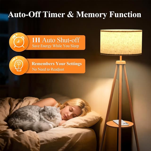 Detalle 2 de YICAIZI lampadaire trépied LED sur pied en bois avec étagères et télécommande (12 W)