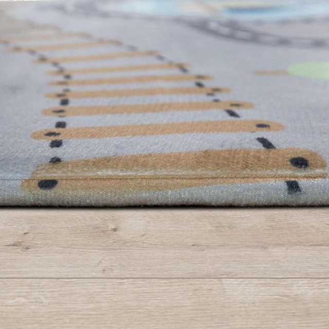 Detalle 2 de Paco Home Rund-Kinderteppich Ø 150 cm für Spielmatte, rutschfest – Grau mit Stern-Mond-Elefanten