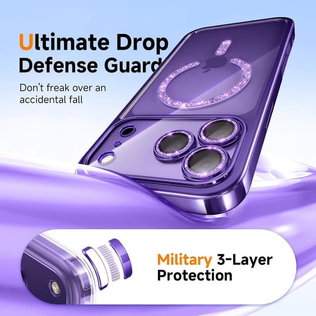 Detalle de Magnetic for iPhone 17 Pro Glitter Case with MagSafe Ring & Integrated Lens Protection (Purple)