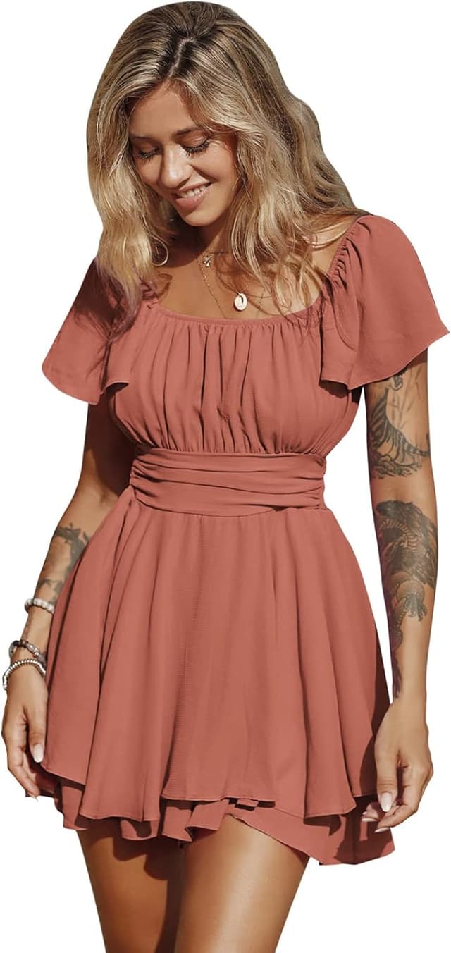 Thumbnail 6 de EXLURA Women’s 2026 Summer Ruffle Short Sleeve Tie-Back Romper Dress (Square Neck)