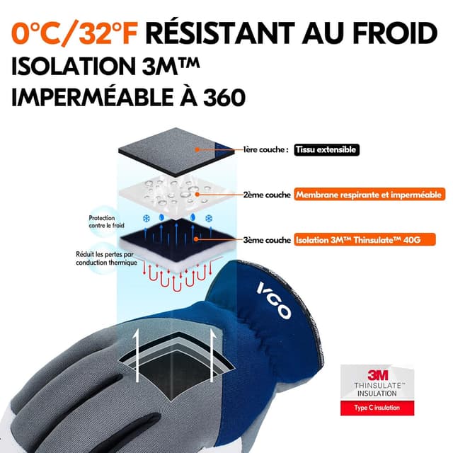 Detalle de Paire de gants de travail d’hiver en cuir Vgo… doublés 3M Thinsulate (GA7711FW) jusqu’à 0 °C