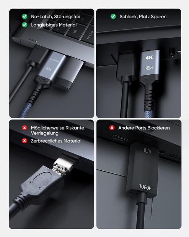 Detalle de Highwings DisplayPort-zu-HDMI-Kabel (4K, 1 m) – unidirektional für Monitor, TV, Projektor, Laptop & PC