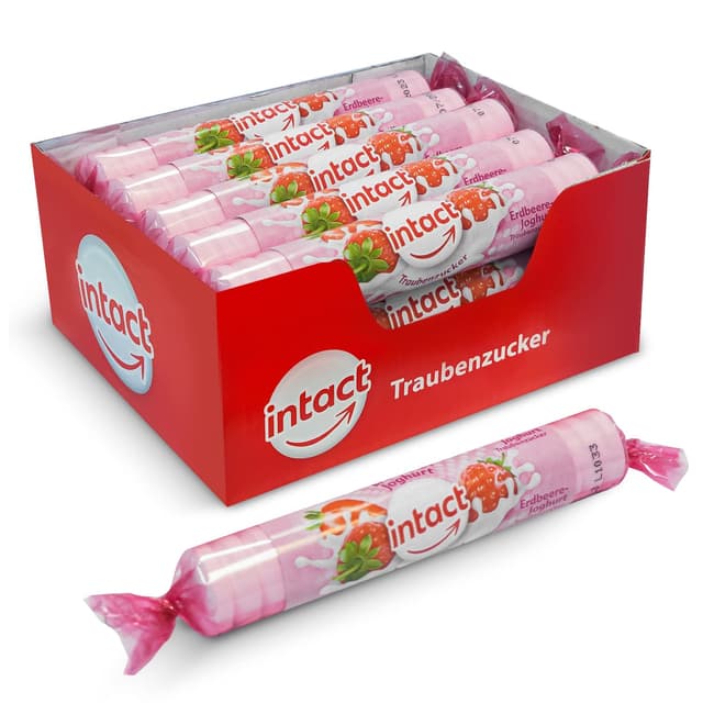 Detalle de intact Traubenzucker (Erdbeere-Joghurt) Rolle, 15 x 40 g (Multipack) – 100% vegan