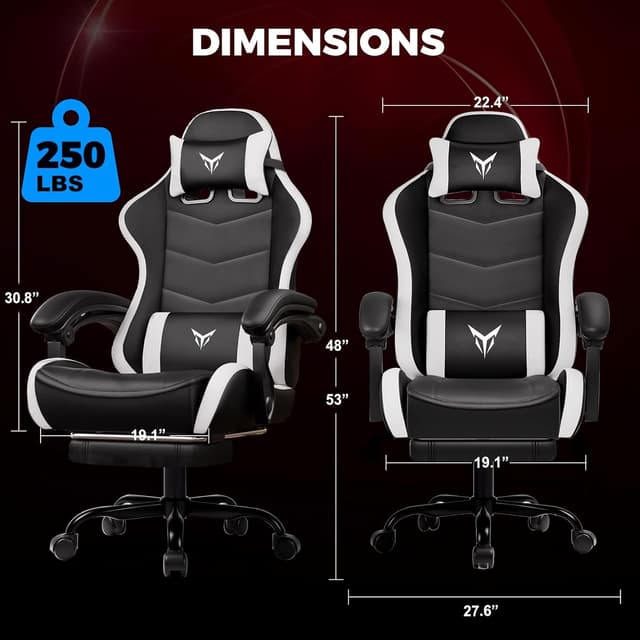 Detalle 2 de GTPLAYER Gaming Stuhl mit Fußstütze, verstellbarer Kopf- und Lendenwirbelstütze (weiß)