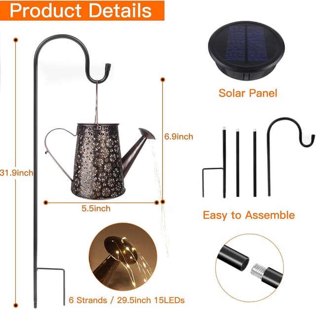 Detalle de MEDE solar watering can fairy lights (90 LEDs) – outdoor metal garden ornament with bracket and shepherd hook