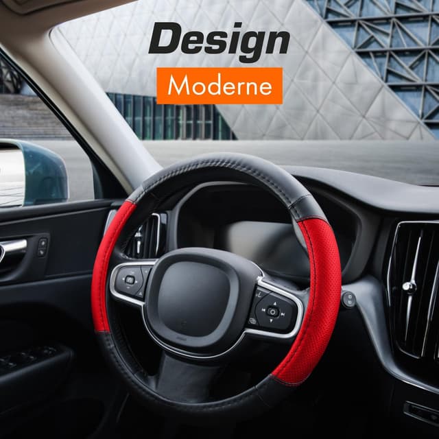 Detalle 2 de Couvre-volant Upgrade4cars en simili cuir noir et rouge (taille universelle 37–38 cm)