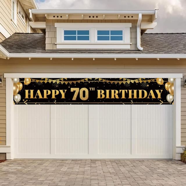 Detalle de Large Happy 70th Birthday Decoration Banner in Black & Gold (9.8 x 1.6 ft) — Polyester Reusable Party Backdrop Sign