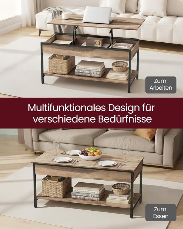 Detalle de VASAGLE höhenverstellbarer Couchtisch LCT261LB02 im Industriestil mit Ablagefächern (50 x 100 cm)