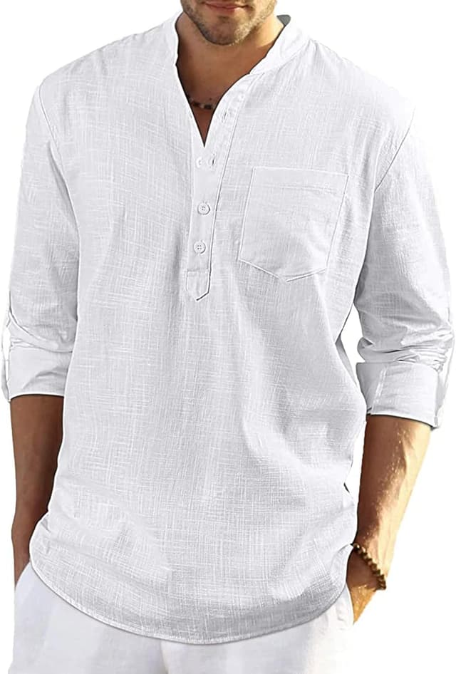 Detalle de YAOBAOLE chemise en lin pour homme à col Henley et manches longues