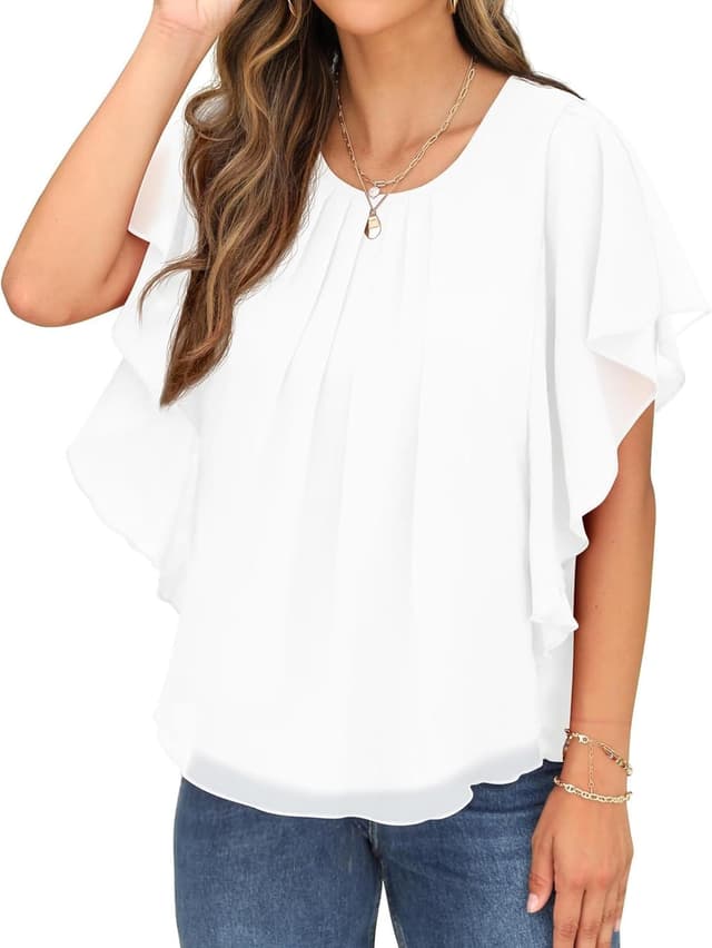 Detalle 2 de QIXING Chiffon Kurzarmbluse Damen mit Fledermausärmel – Sommor Top im Rundhals-Design