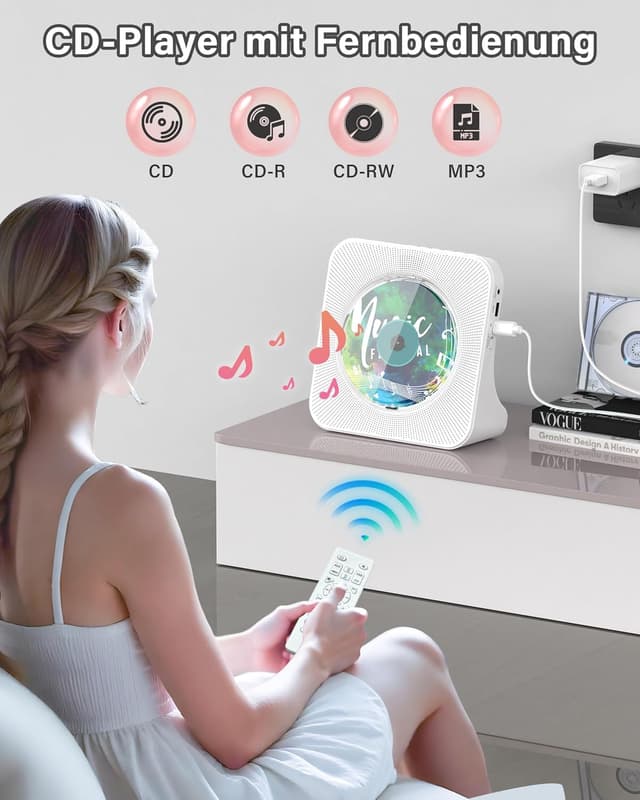 Detalle de Greadio tragbarer CD-Player mit Bluetooth 5.0, Fernbedienung und FM-Radio (AUX/USB, Kopfhörerbuchse)