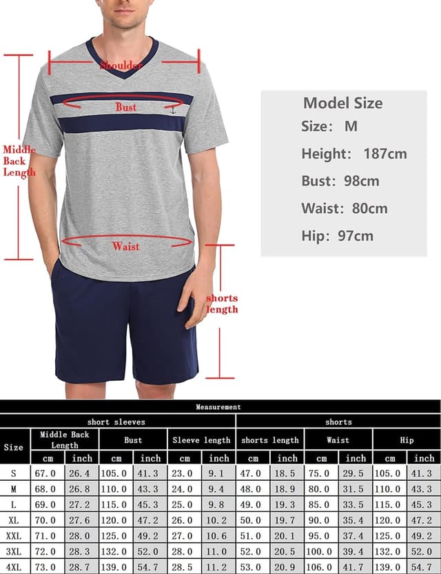 Detalle 2 de Nieery Herren-Schlafanzug kurz aus Baumwolle (Sommer-Set mit V-Ausschnitt T-Shirt & Shorty)