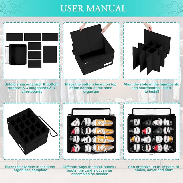 Detalle de Organizer Scarpe per Armadio pieghevole fino a 16 paia, con contenitori trasparenti e manici rinforzati (nero)