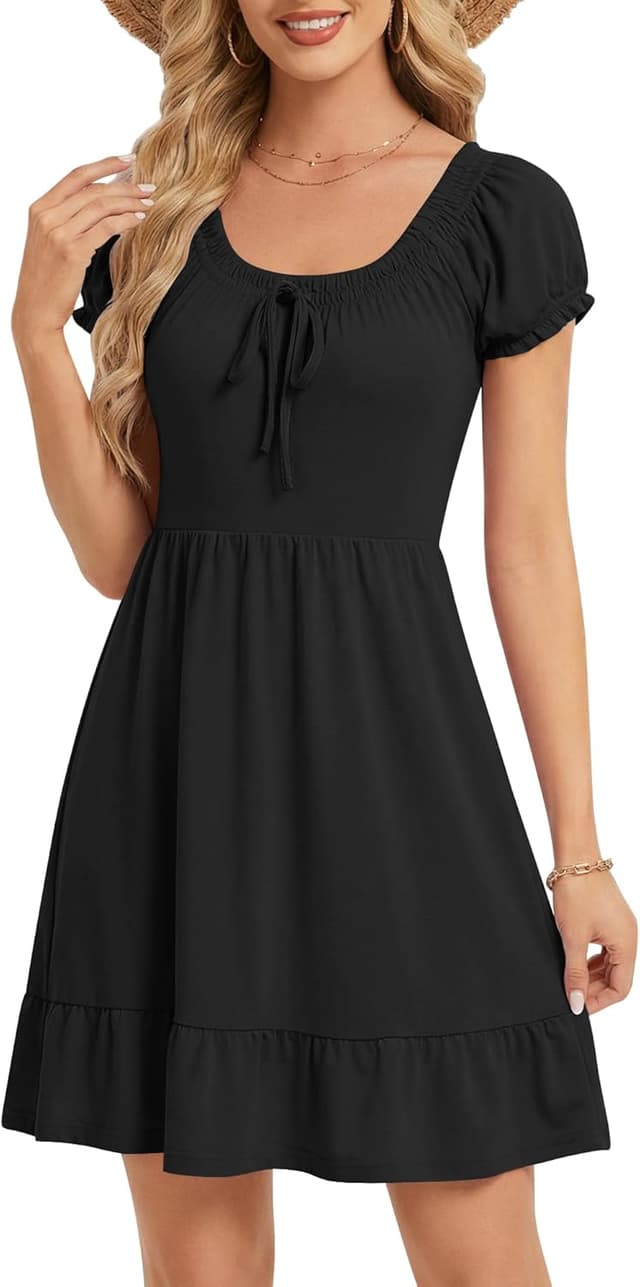 Detalle de AUSELILY Damen Sommerkleid mit Puffärmeln, hoher Taille und Taschen