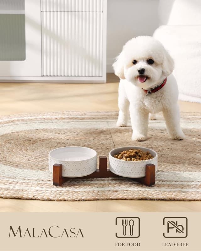 Detalle de MALACASA Keramik-Hundenapf mit Walnussholz-Ständer, 450 ml Doppelschalen für Hund & Katze