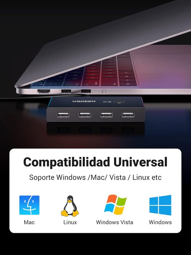 Detalle 1 de UGREEN Switch USB 2.0, Conmutador para 4 Dispositivos ⚙