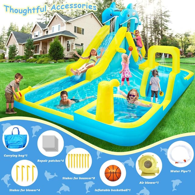 Detalle 1 de Giant Dolphin Inflatable Water Slide & Splash Park with Deep Pool, Water Cannon and 550W Blower