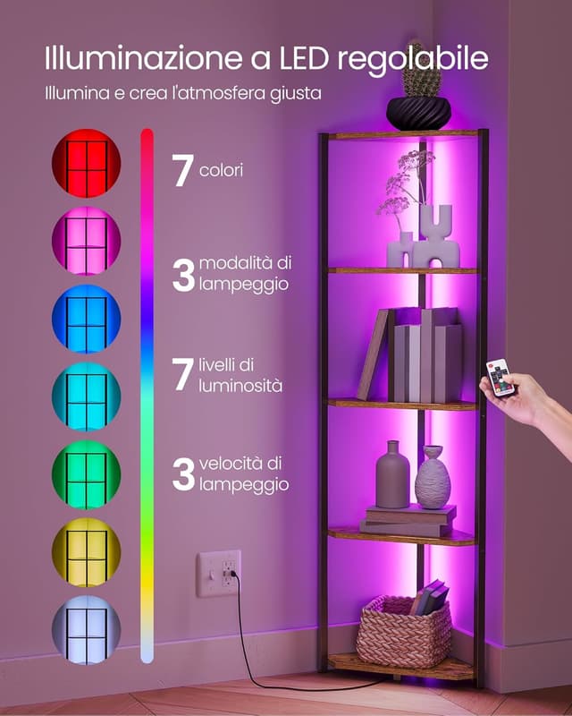 Detalle de VASAGLE scaffale angolare a 5 ripiani con luci LED a 7 colori LBC590K02, marrone vintage