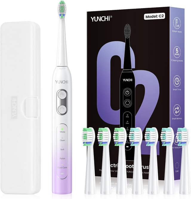 Detalle de YUNCHI C2 Electric Toothbrush (Purple White Gradient) – USB-C rechargeable sonic brush with 5 modes and 8 heads
