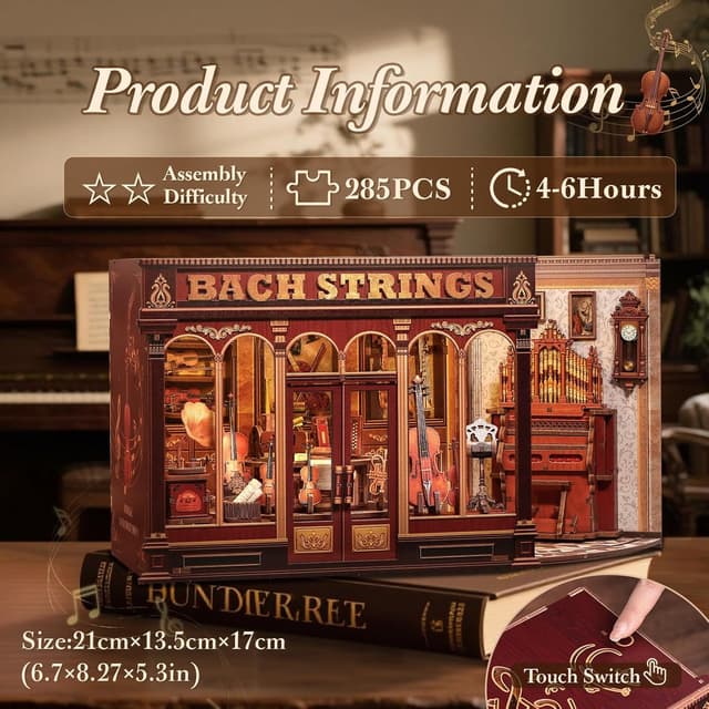 Detalle 2 de CUTEBEE Book Nook Kit „Bach Strings“ – DIY-Musikbuch-Nische aus 3D-Holzpuzzle mit Anleitung