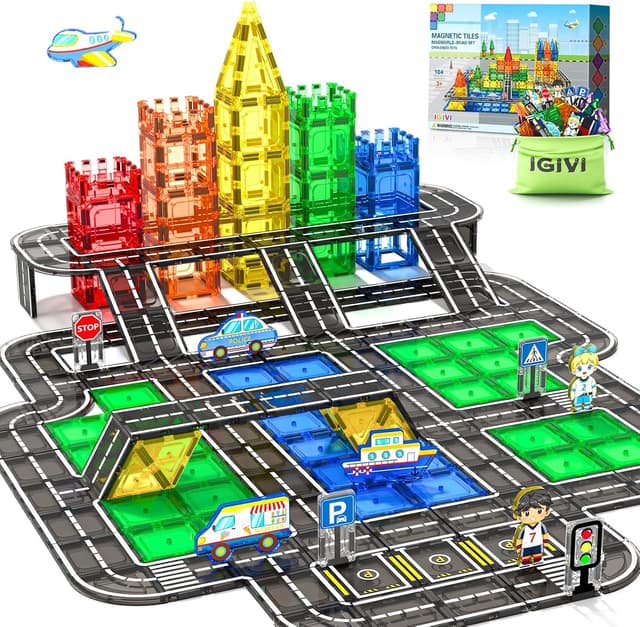Detalle de Magnetic Tiles 104-Piece Road Set for STEM Toys 🧩