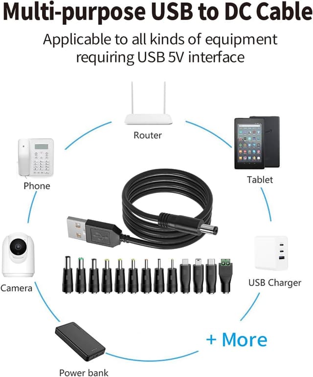 Detalle 2 de TONTON USB-A auf DC Stecker Ladekabel (13-in-1) mit 13 Hohlsteckern, 1,5 m, schwarz