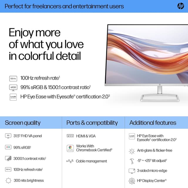 Detalle de HP Series 5 31.5" FHD Monitor (532sf) with 100Hz refresh rate and HDMI/VGA