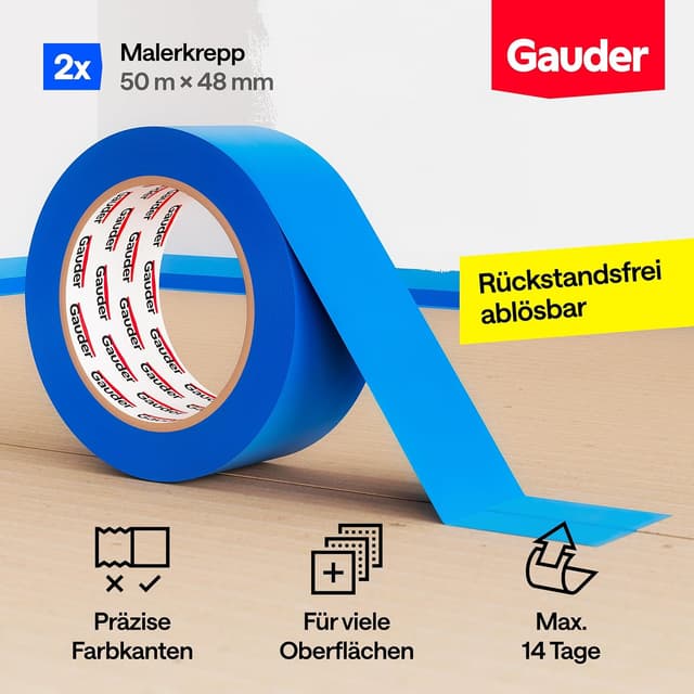 Detalle de GAUDER Malerkrepp blau 48 mm x 50 m – Kreppband für präzise Farbkanten (2 Rollen)