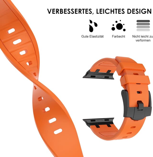 Detalle de NewWays silicone strap for Apple Watch (42mm/41mm/40mm/38mm) with stainless steel connector – Orange/Black