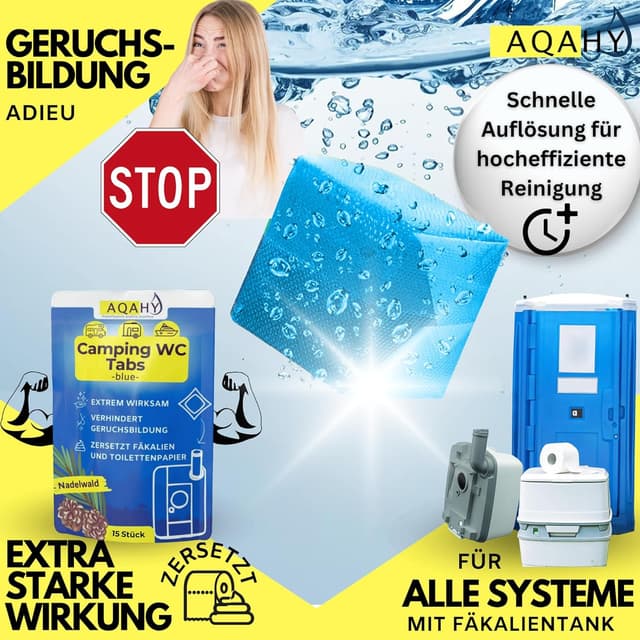 Detalle 2 de AQAHY Camping-Toiletten Zusatz Tabs „blue extra stark“ (Nadelwald) – gegen Gerüche für Chemietoilette