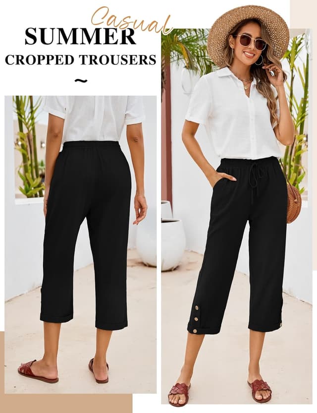 Detalle 2 de CMTOP pantalon femme d’été chic en coton – pantacourt droit 7/8 à taille élastique