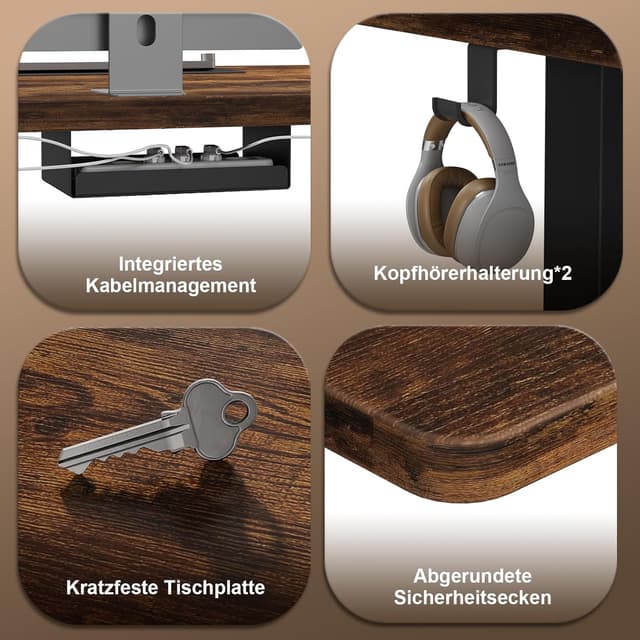 Thumbnail 5 de JUMMICO höhenverstellbarer Schreibtisch 200 x 80 cm (Steh-Sitz) mit Kabelwanne, elektrisch & USB – Vintage-Braun