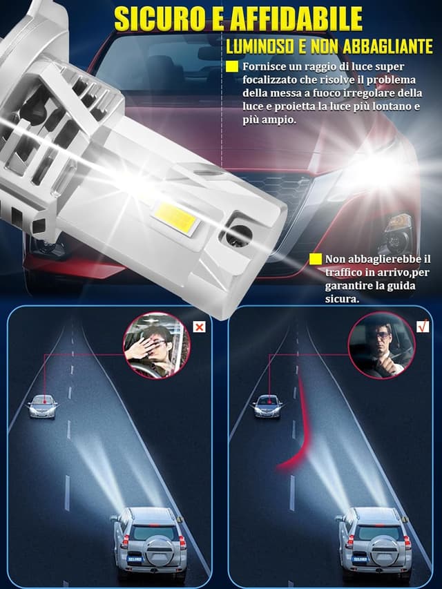 Detalle de XELORD Lampadina LED H4 6500K bianco forte, 1:1 plug and play (2 lampadine) per fari auto DC 12V