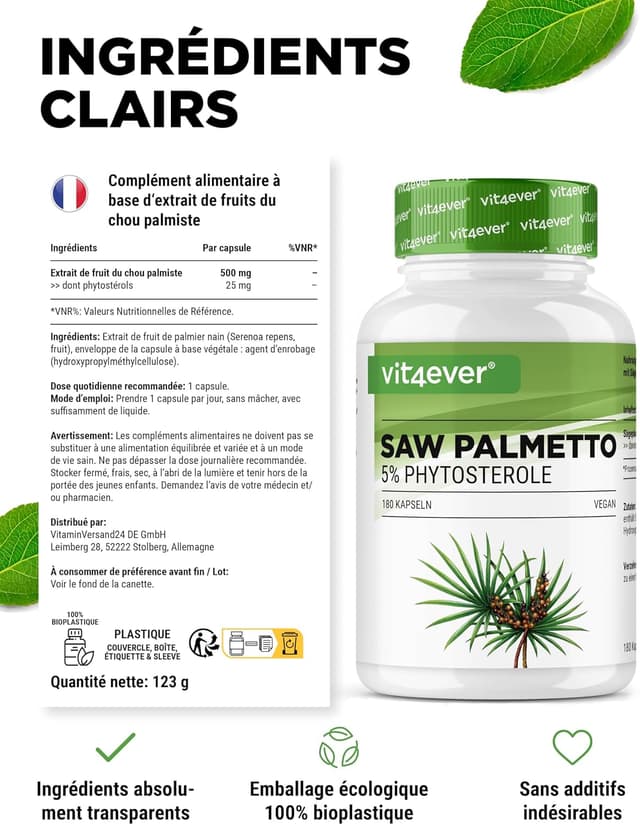 Detalle de Extrait de Palmier Nain (Saw Palmetto) – 180 capsules de 500 mg, 5% phytostérols (25 mg) – Végane