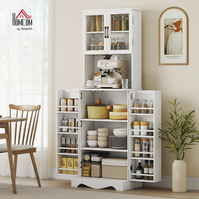 Detalle 2 de HOMCOM buffet haut pour cuisine avec vitrine, plan de travail et 4 portes (60 x 39,5 x 179,6 cm) blanc