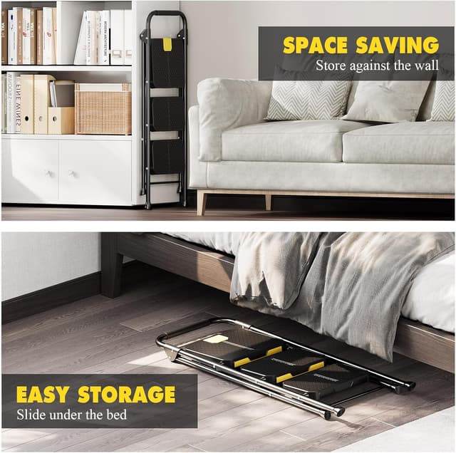 Detalle de KINGRACK 3 Step Ladder (Sturdy Steel Folding Step Stool) with Safe-Lock Design, Handrail & Anti-Slip Pedals