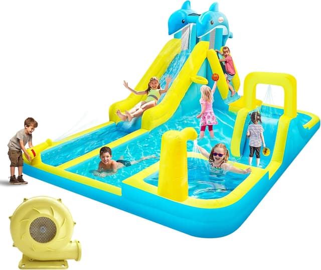 Detalle de Giant Dolphin Inflatable Water Slide & Splash Park with Deep Pool, Water Cannon and 550W Blower