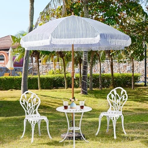 Detalle de Yaheetech Ombrellone da spiaggia e giardino inclinabile 215 cm con frange, poliestere e metallo, blu e bianco